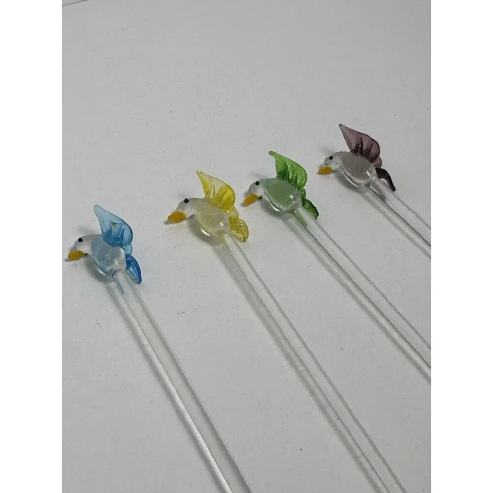 4 Vtg MCM Hand Blown Art Glass Bird Swizzle Stir Sticks Blue Green Yellow Purple